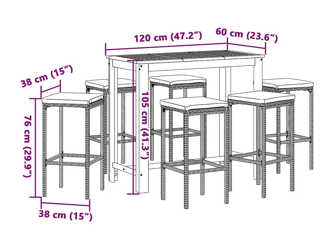 7-tlg. Gartenbar-Set Grau Massivholz Akazie und Poly Rattan