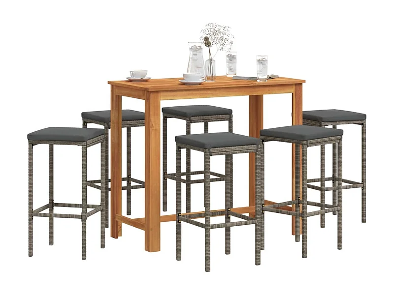 7-tlg. Gartenbar-Set Grau Massivholz Akazie und Poly Rattan