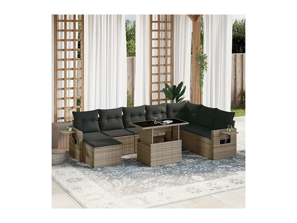 Set Divano da Giardino 9 pz con Cuscini Grigio in Polyrattan