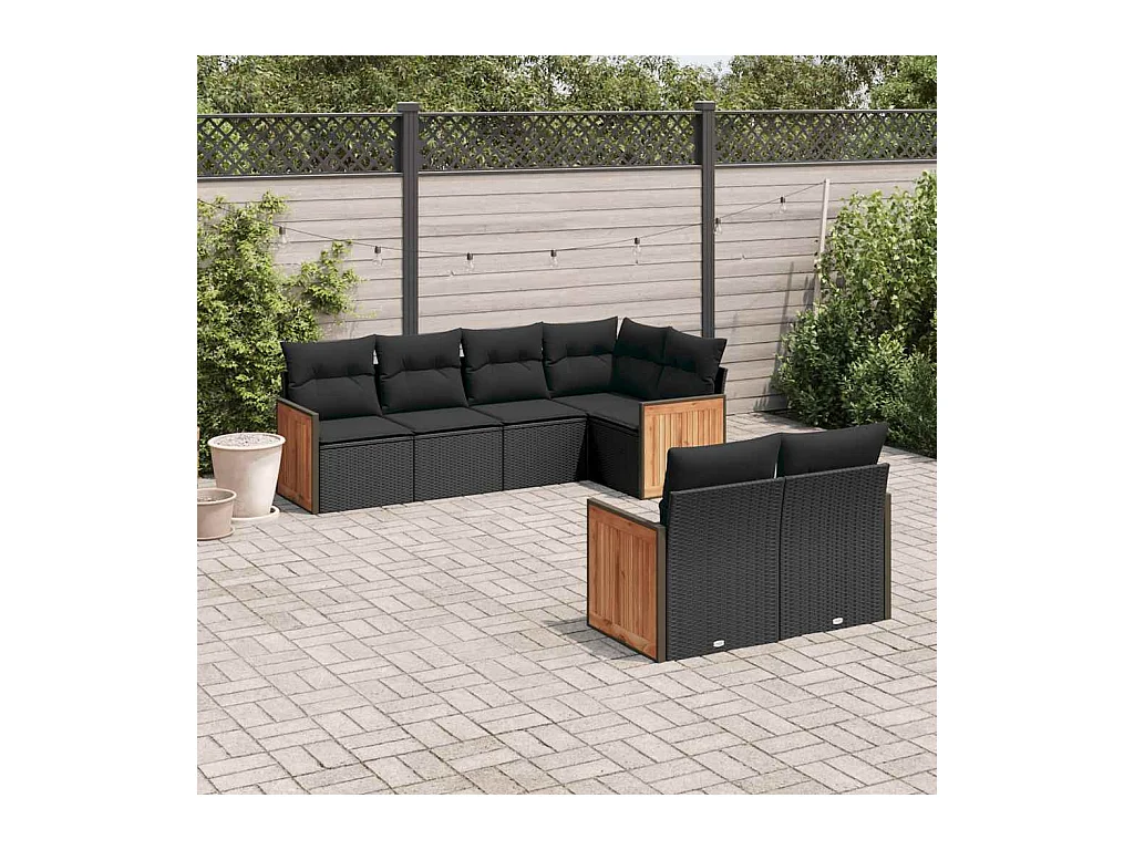 Set Divani da Giardino con Cuscini 7pz Nero Polyrattan