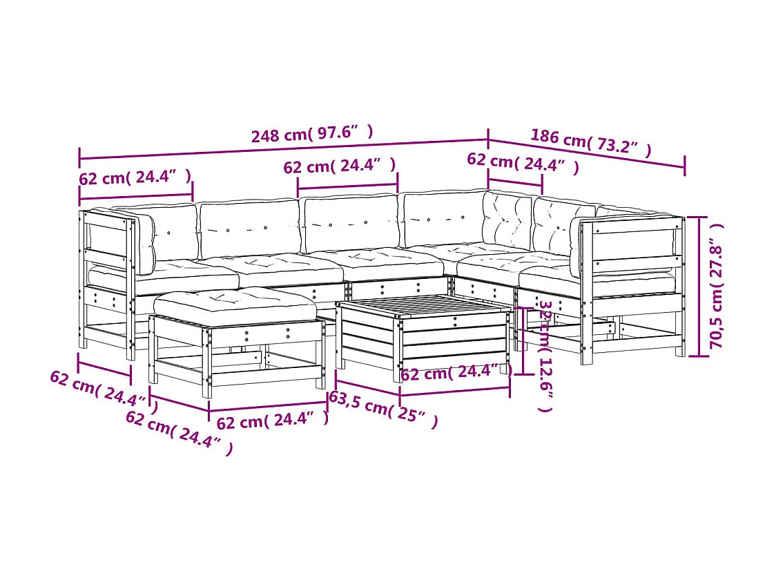 Salon de jardin 8 pcs avec coussins Bois de pin massif