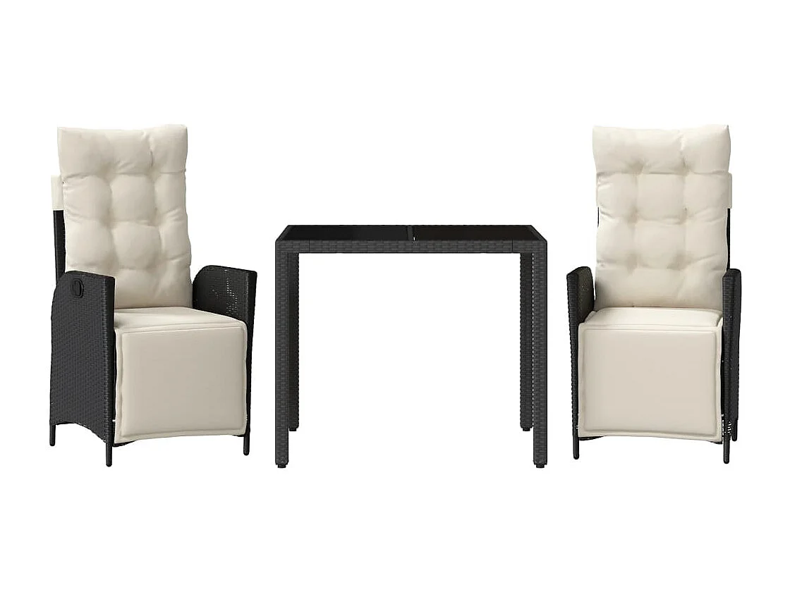 3 pcs conjunto de jantar p/ jardim c/ almofadões vime PE preto