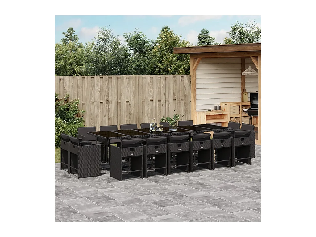 Set da Pranzo da Giardino 17 pz con Cuscini Nero in Polyrattan