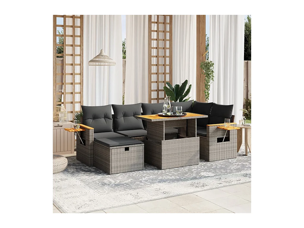 7-tlg. Garten-Sofagarnitur mit Kissen Grau Poly Rattan
