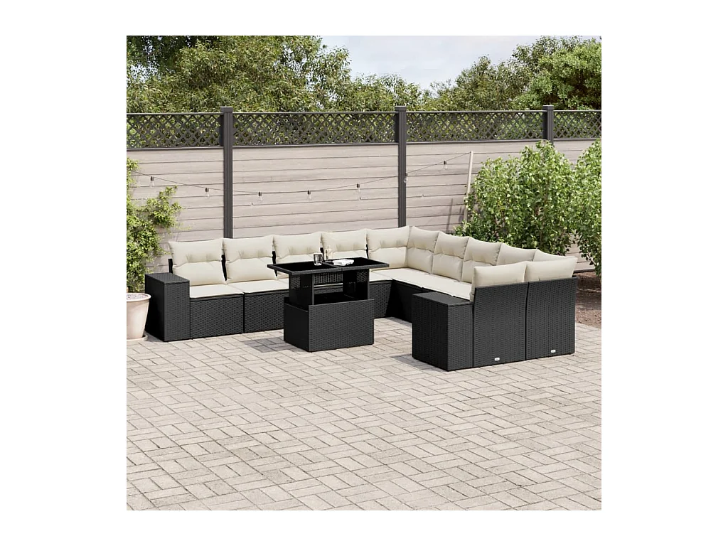 Salon de jardin 11 pcs avec coussins noir résine tressée