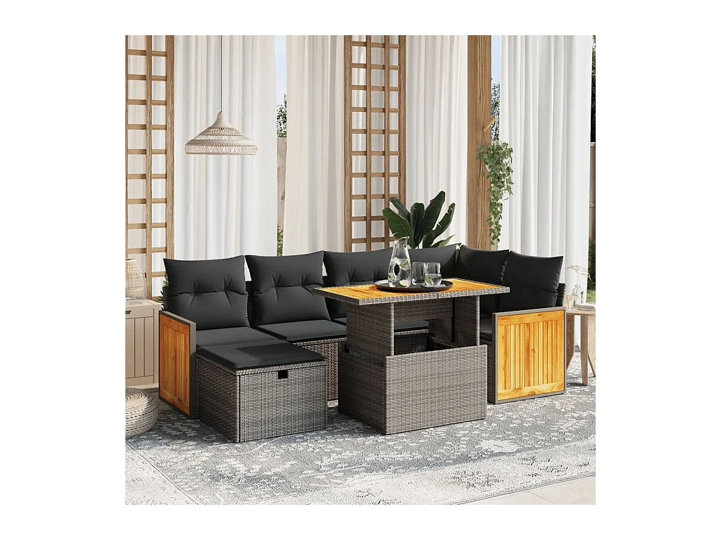 Salon de jardin avec coussins 7 pcs gris résine tressée