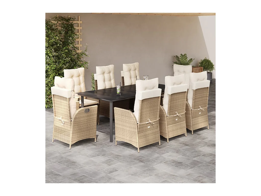 Ensemble à manger de jardin et coussins 9 pcs beige Poly rotin