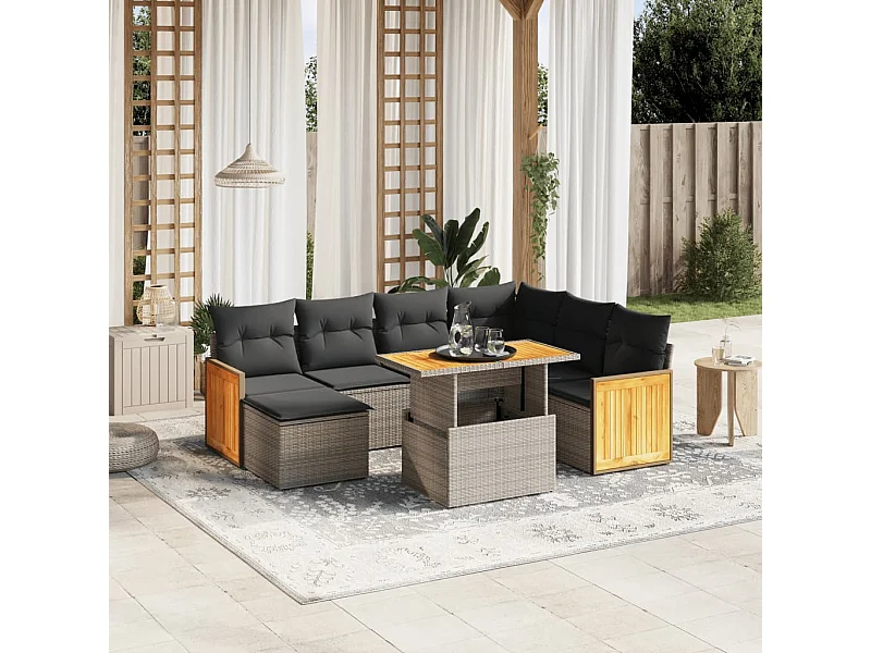 8-tlg. Garten-Sofagarnitur mit Kissen Grau Poly Rattan