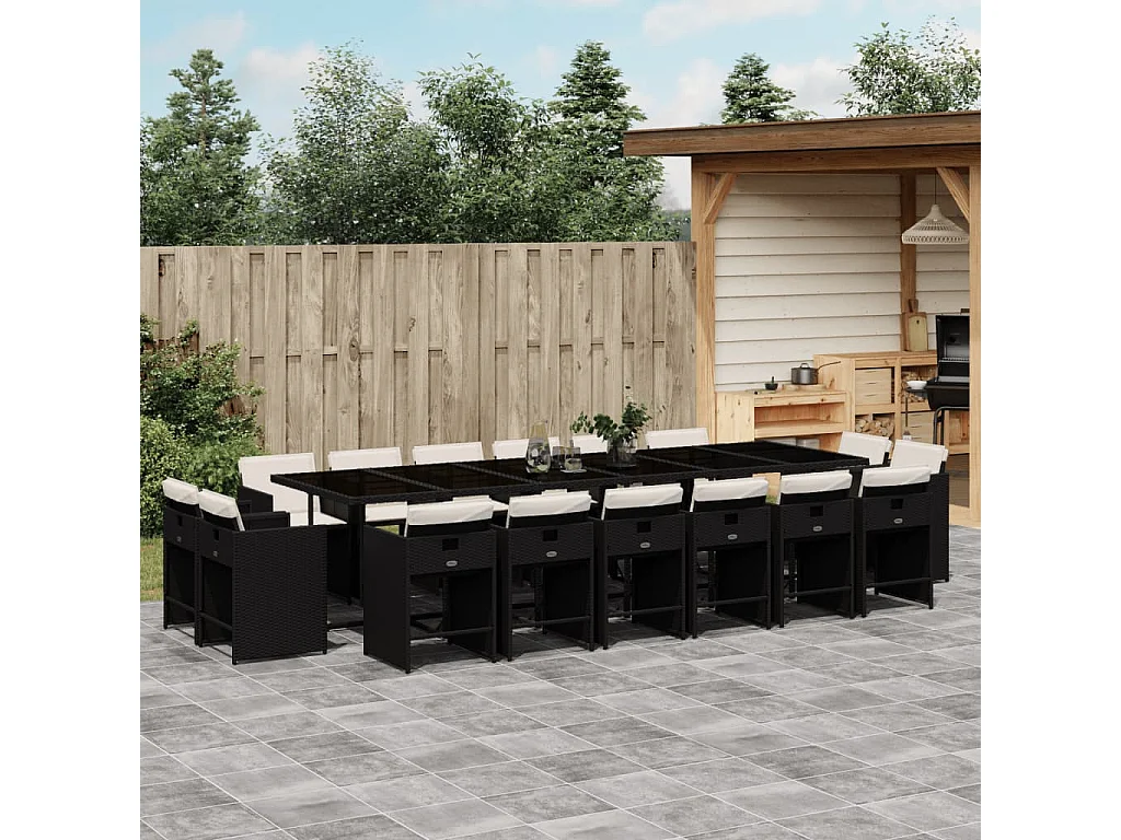 Set da Pranzo da Giardino 17 pz con Cuscini Nero in Polyrattan