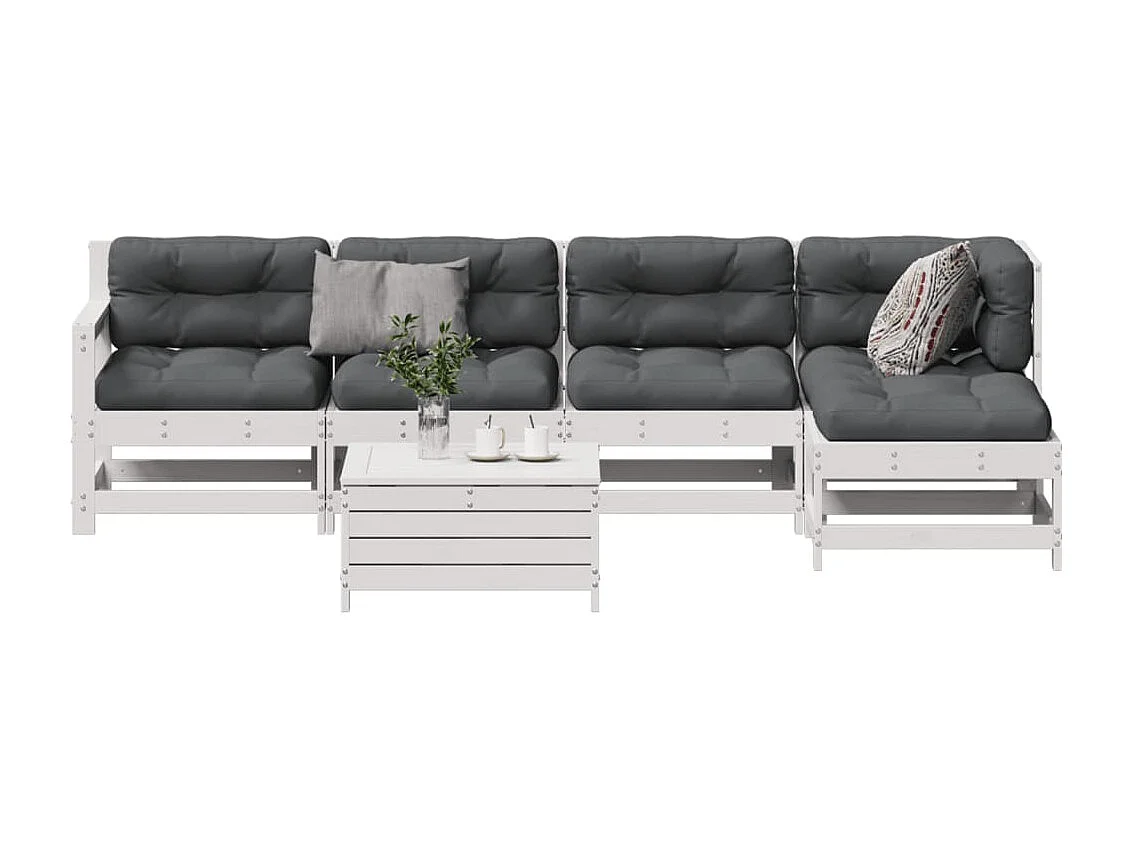 6-delige Loungeset met kussens massief grenenhout wit