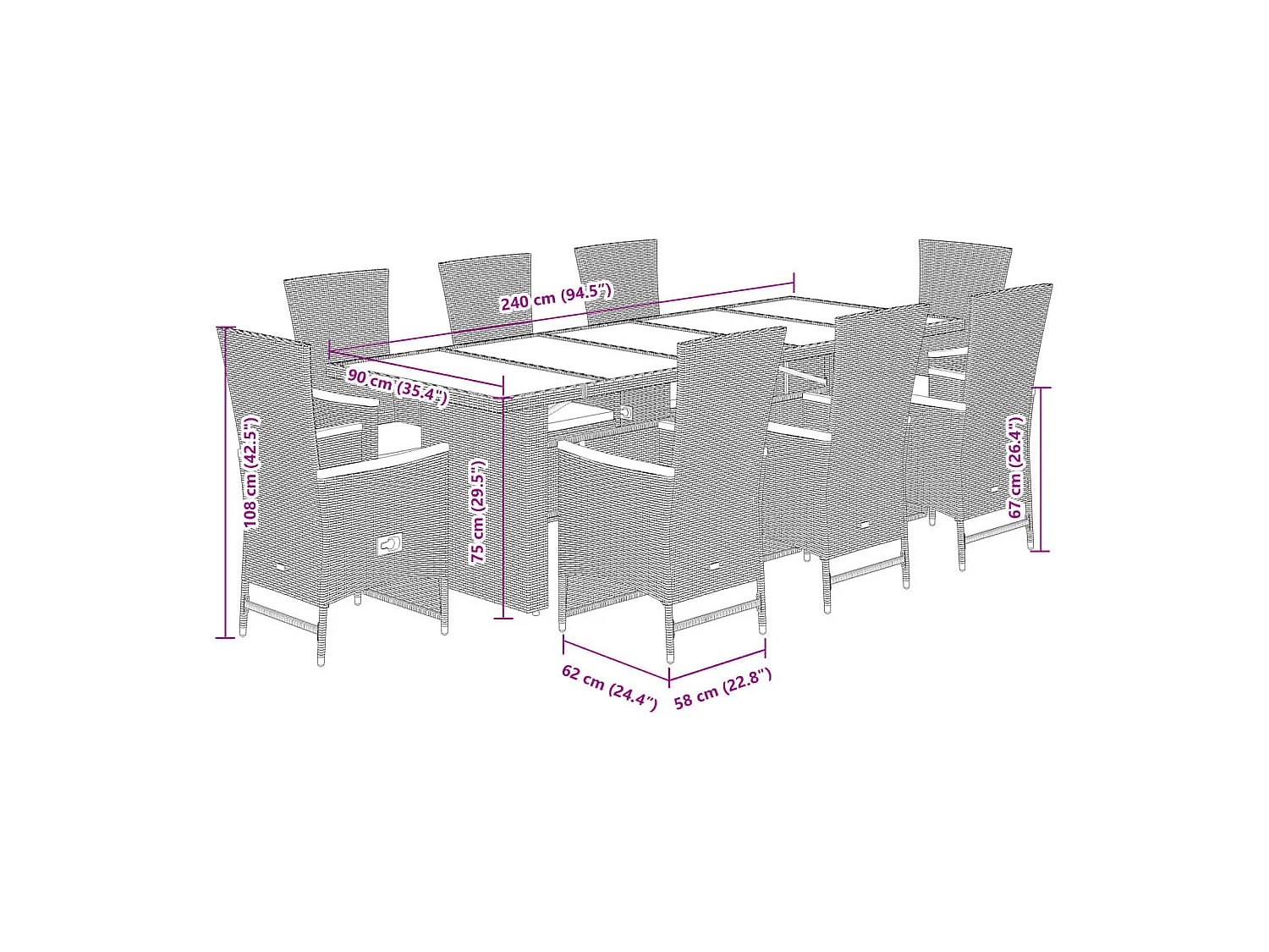 9-tlg. Garten-Essgruppe mit Kissen Schwarz Poly Rattan