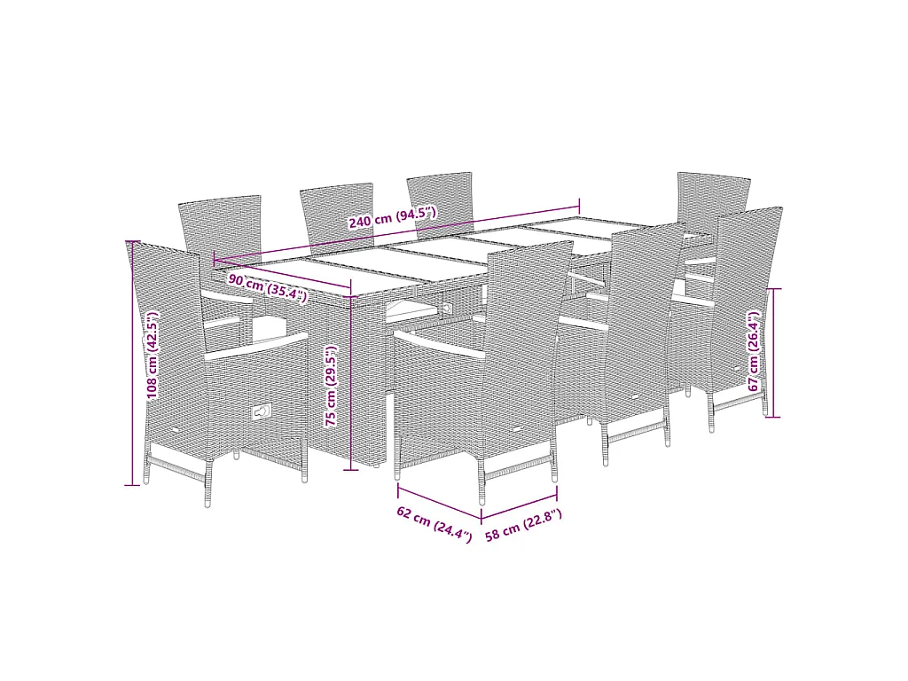 Ensemble à manger de jardin 9pcs coussins noir résine tressée