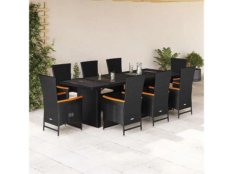 9-tlg. Garten-Essgruppe mit Kissen Schwarz Poly Rattan