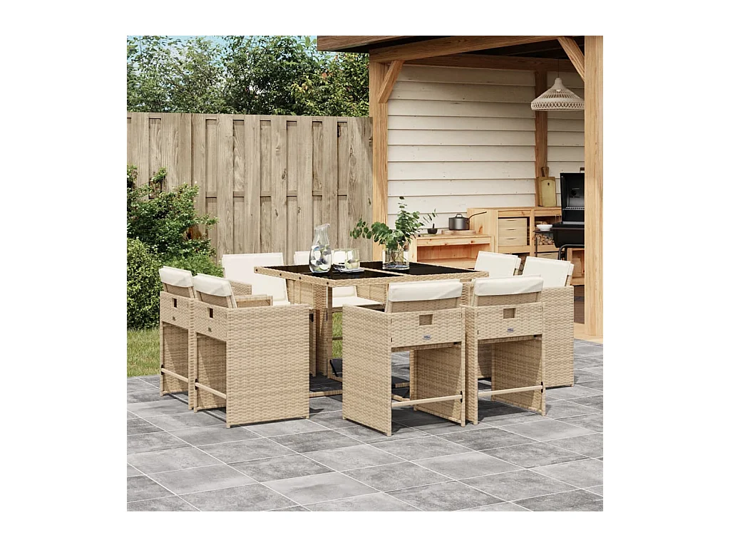 Set da Pranzo da Giardino 9 pz con Cuscini Beige in Polyrattan