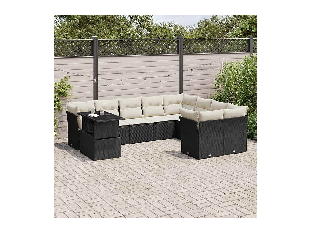 Salon de jardin 10 pcs avec coussins noir résine tressée