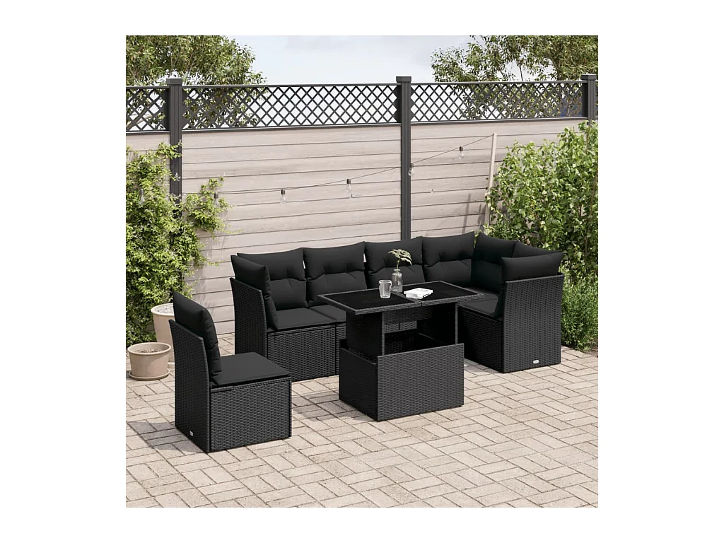 Salon de jardin 7 pcs avec coussins noir résine tressée