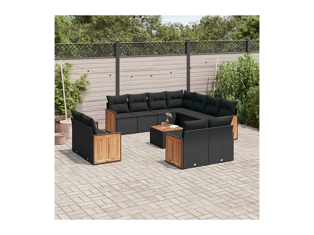 12-delige Loungeset met kussens poly rattan zwart