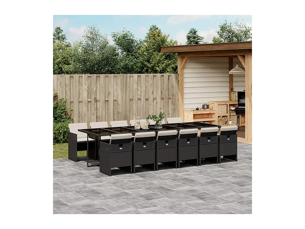 Set da Pranzo da Giardino 13pz con Cuscini Nero in Polyrattan