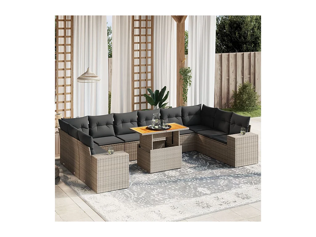 Set Divani da Giardino 11 pz con Cuscini in Polyrattan Grigio