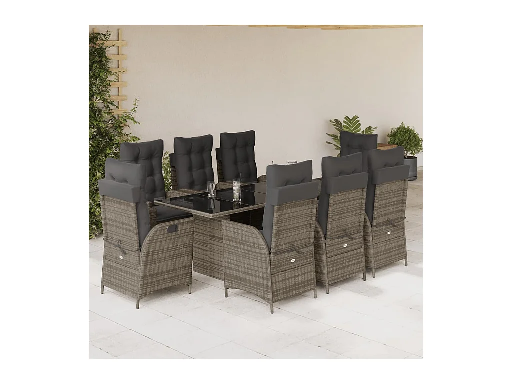 Ensemble à manger de jardin 9 pcs coussins gris résine tressée