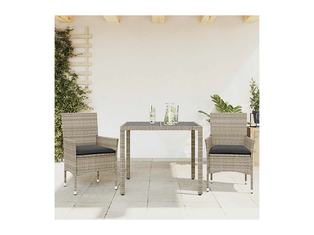 Set Pranzo da Giardino 3pz con Cuscini Polyrattan e Vetro