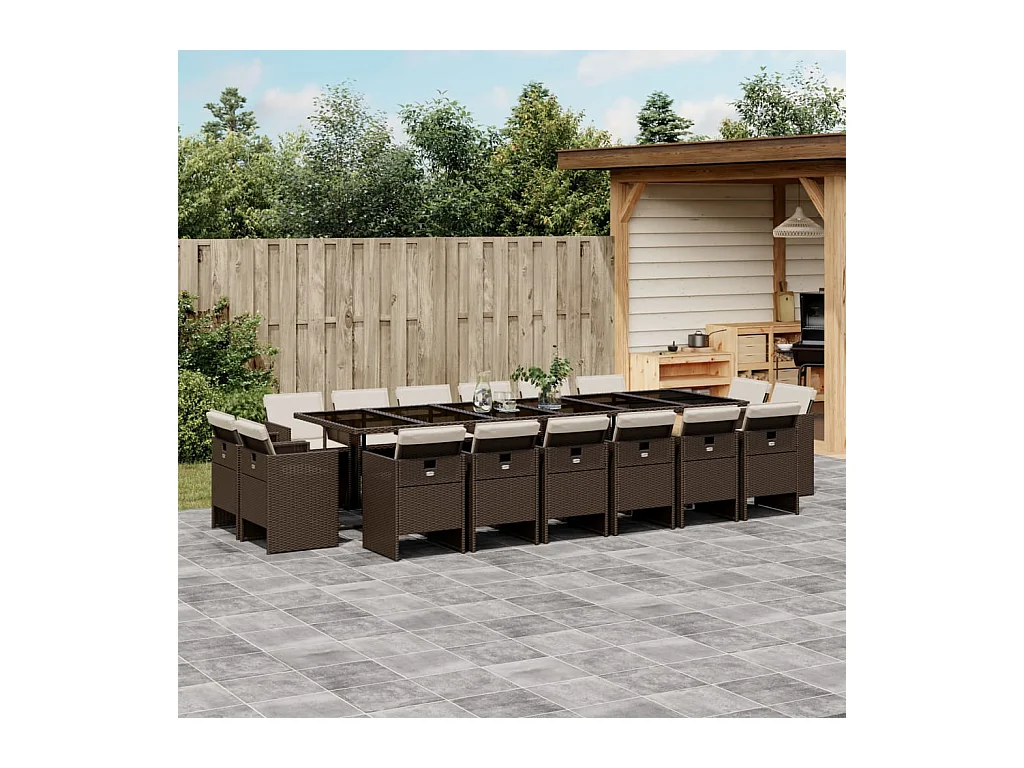 Ensemble à manger de jardin et coussins 17 pcs marron rotin