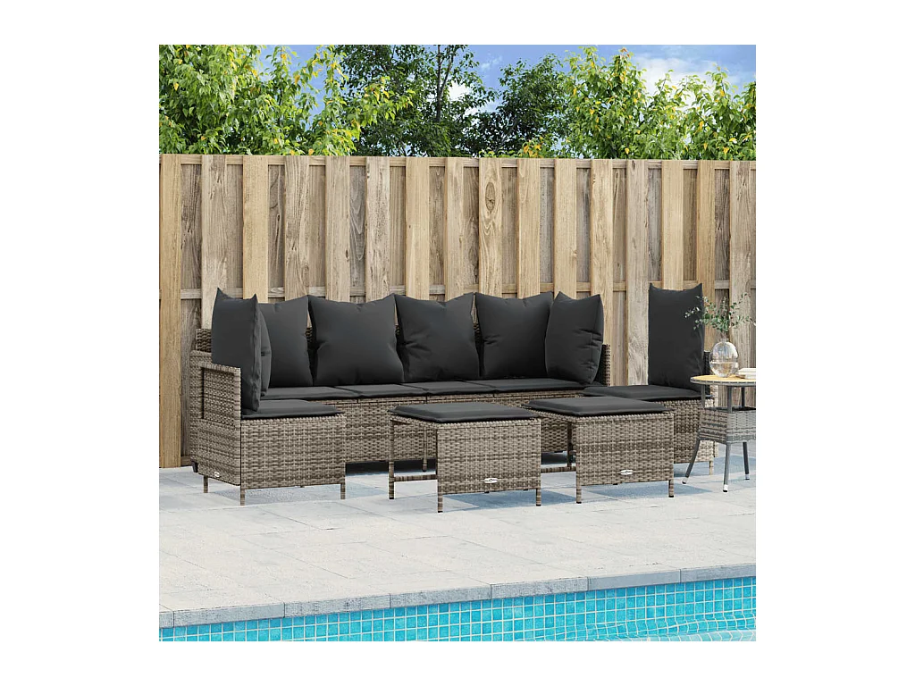 5 pcs conjunto sofás de jardim c/ almofadões vime PE cinzento