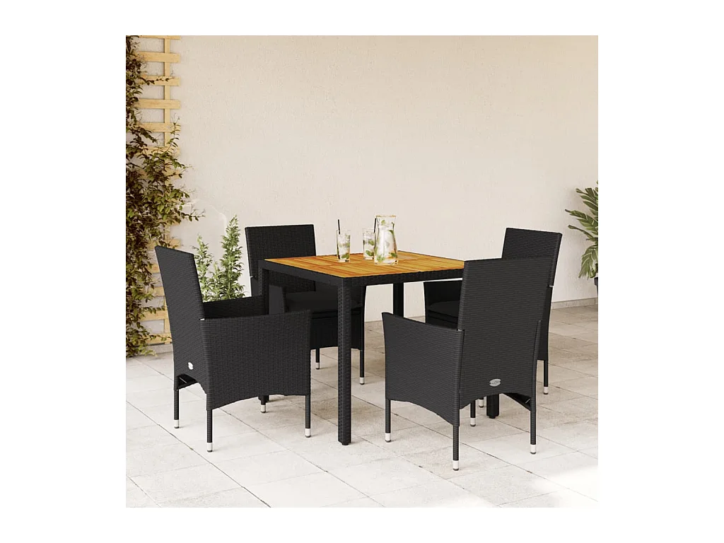 Ensemble à manger de jardin et coussins 5 pcs noir rotin acacia