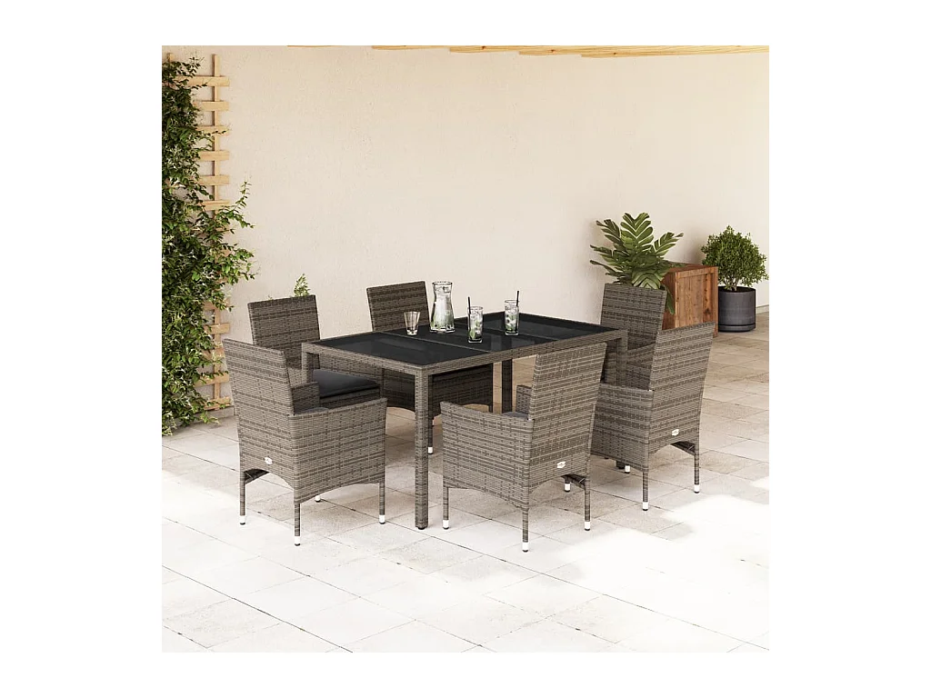7-tlg. Garten-Essgruppe mit Kissen Grau Poly Rattan und Glas