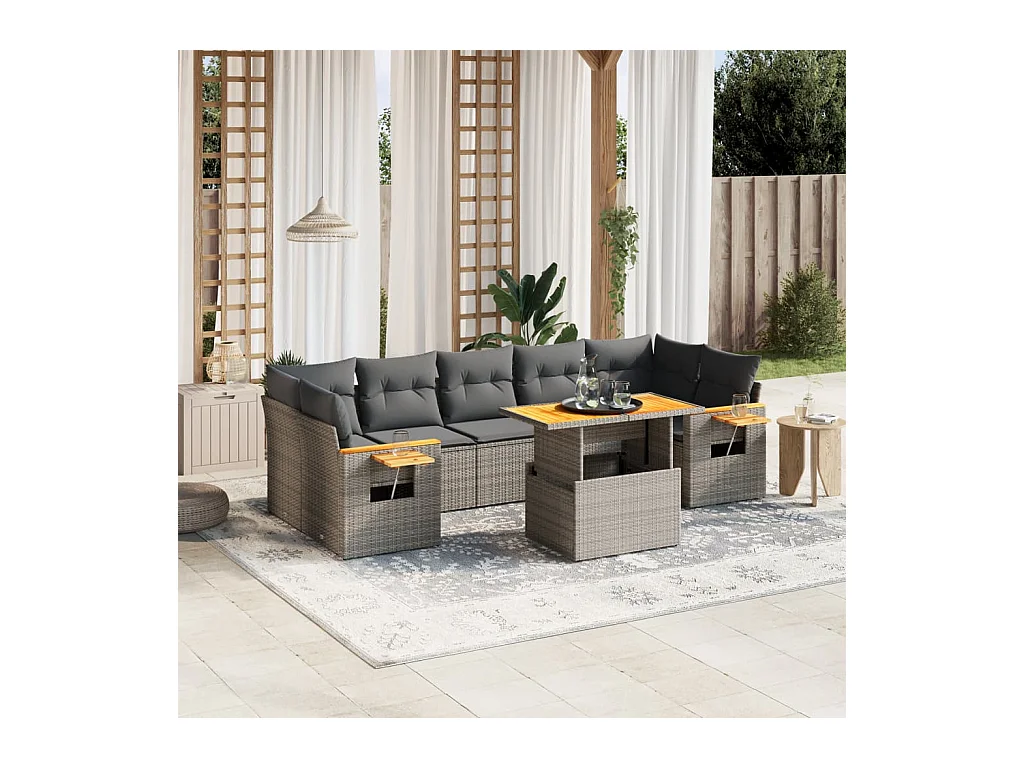 Salon de jardin 8 pcs avec coussins gris résine tressée