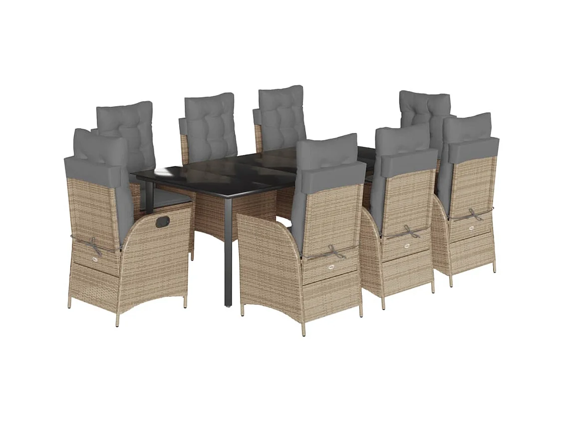 Ensemble à manger de jardin et coussins 9 pcs beige Poly rotin