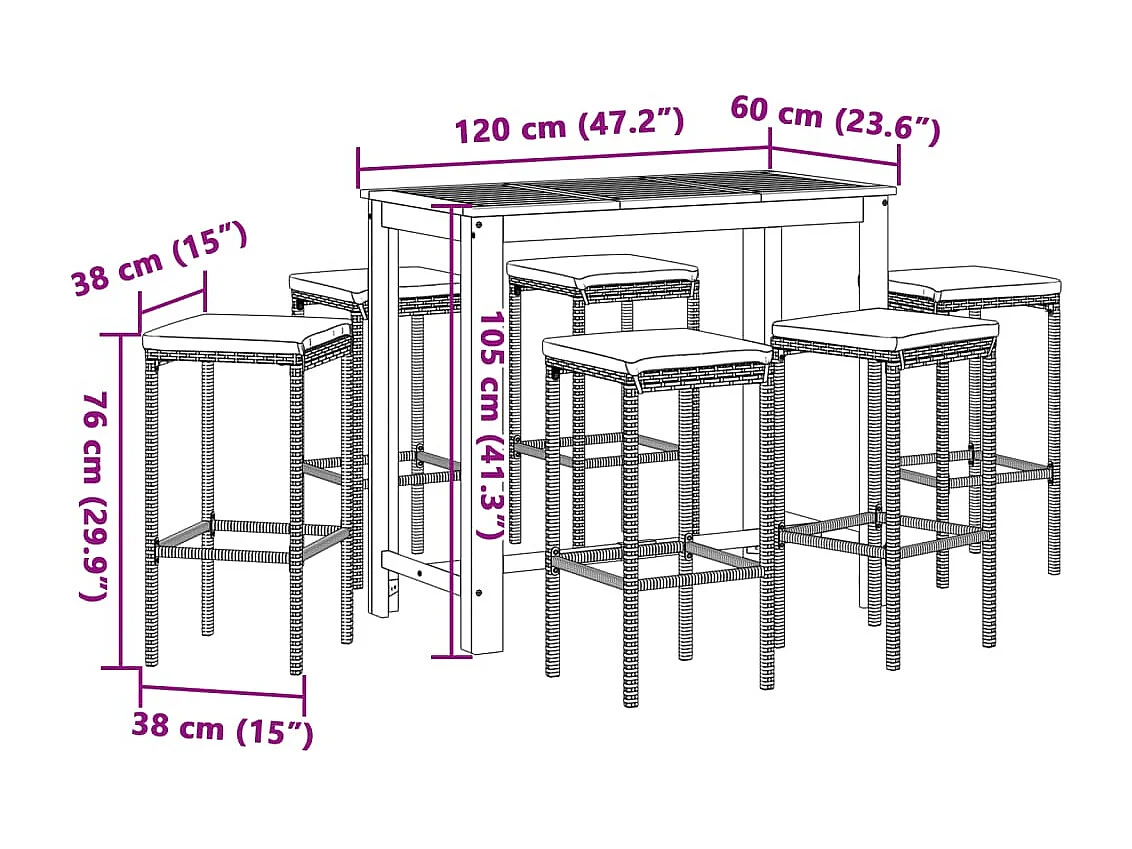7-tlg. Gartenbar-Set Schwarz Massivholz Akazie und Poly Rattan