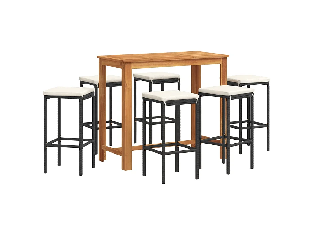 7-tlg. Gartenbar-Set Schwarz Massivholz Akazie und Poly Rattan