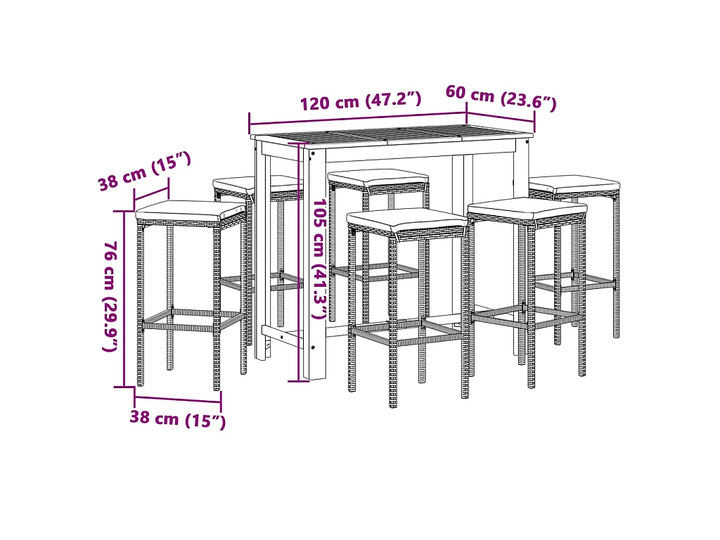7-tlg. Gartenbar-Set Schwarz Massivholz Akazie und Poly Rattan