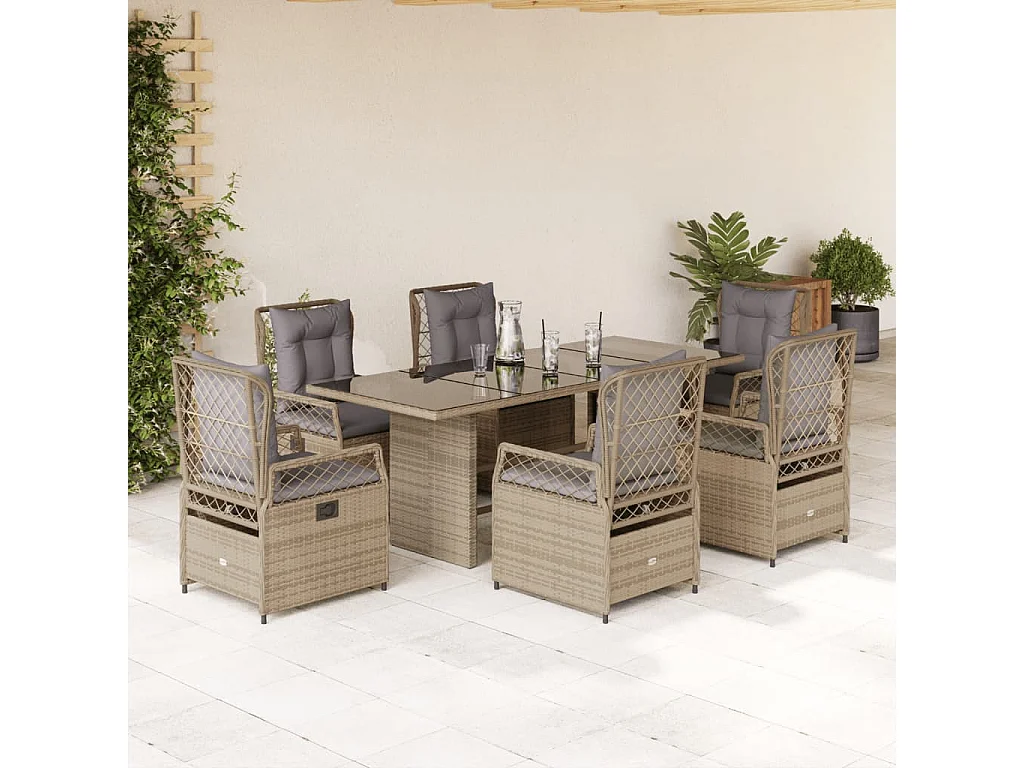 7-tlg. Garten-Essgruppe mit Kissen Beige Poly Rattan