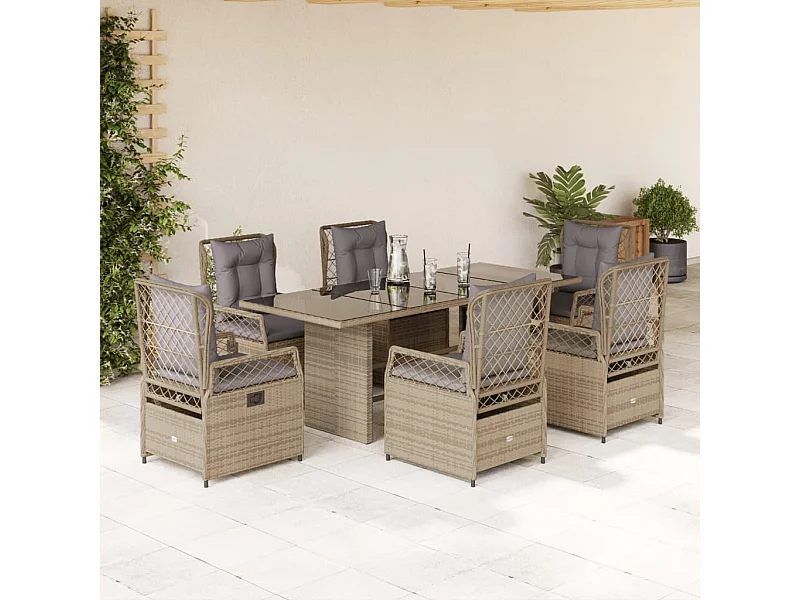Ensemble à manger de jardin et coussins 7 pcs beige poly rotin