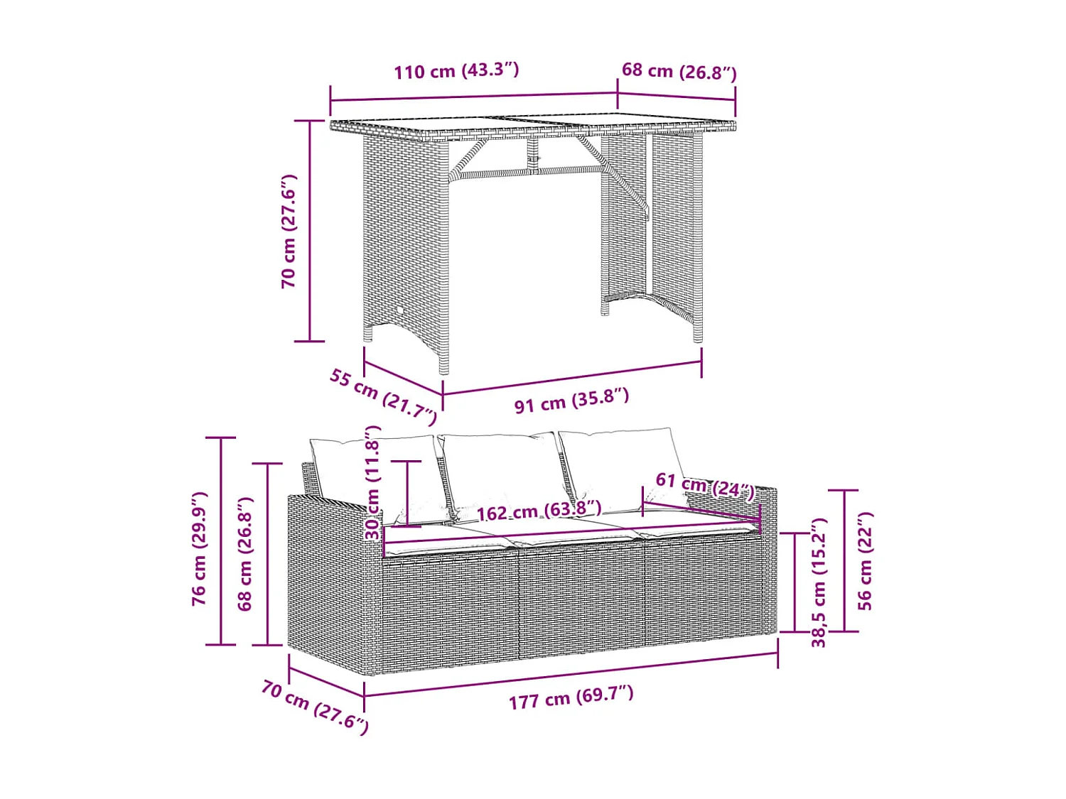 Set da Pranzo da Giardino 2 pz con Cuscini Beige in Polyrattan
