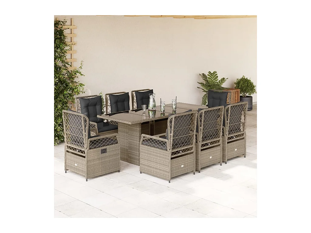 Ensemble à manger de jardin et coussins 9 pcs gris clair rotin