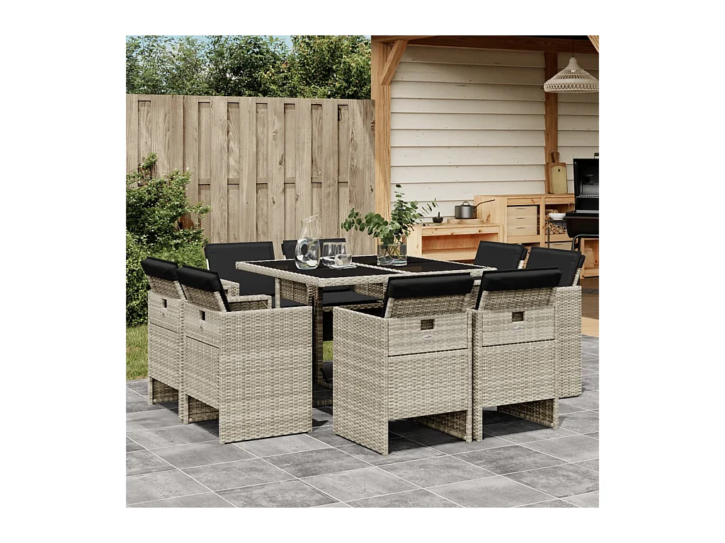 9-tlg. Garten-Essgruppe mit Kissen Hellgrau Poly Rattan