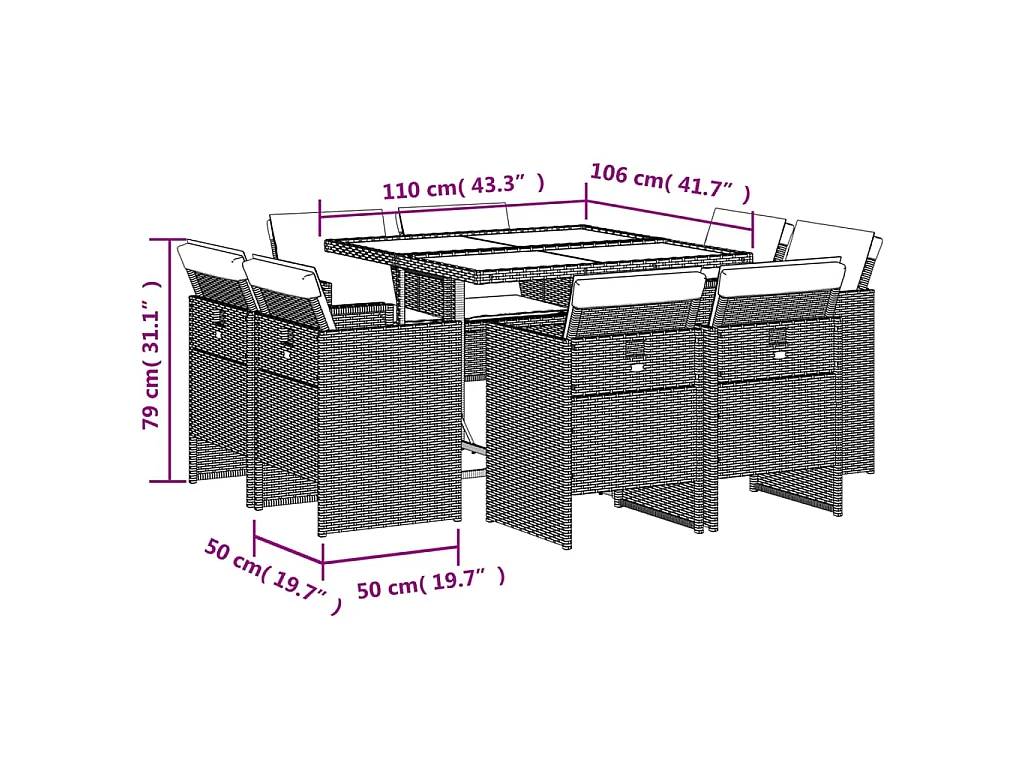 Ensemble à manger de jardin et coussins 9 pcs gris clair rotin