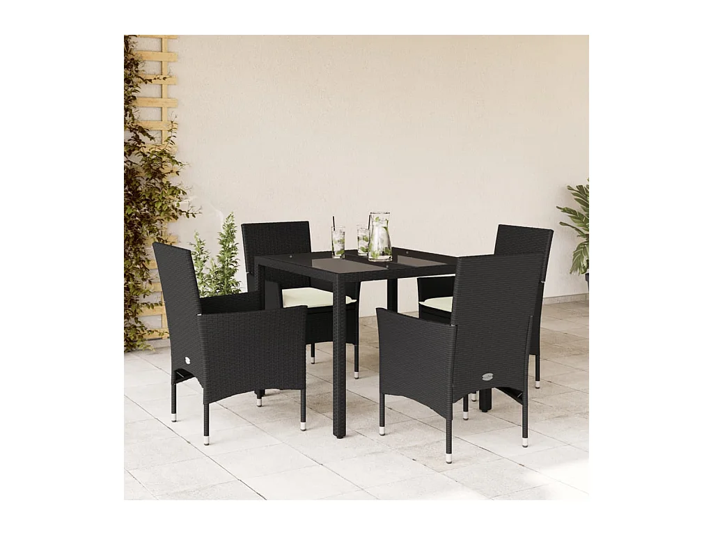 Ensemble à manger de jardin et coussins 5 pcs noir rotin verre