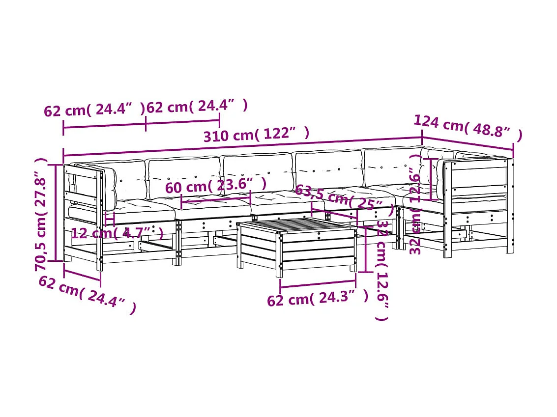 7 pcs conjunto lounge de jardim c/ almofadões pinho maciço
