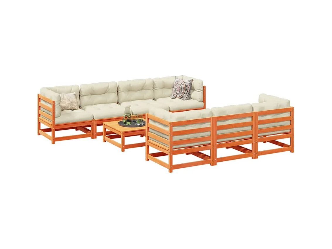 Salon de jardin 8 pcs avec coussins marron cire bois pin massif
