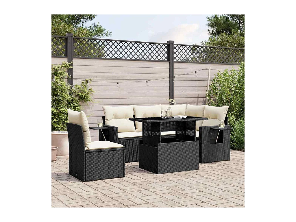 Salon de jardin 6 pcs avec coussins noir résine tressée