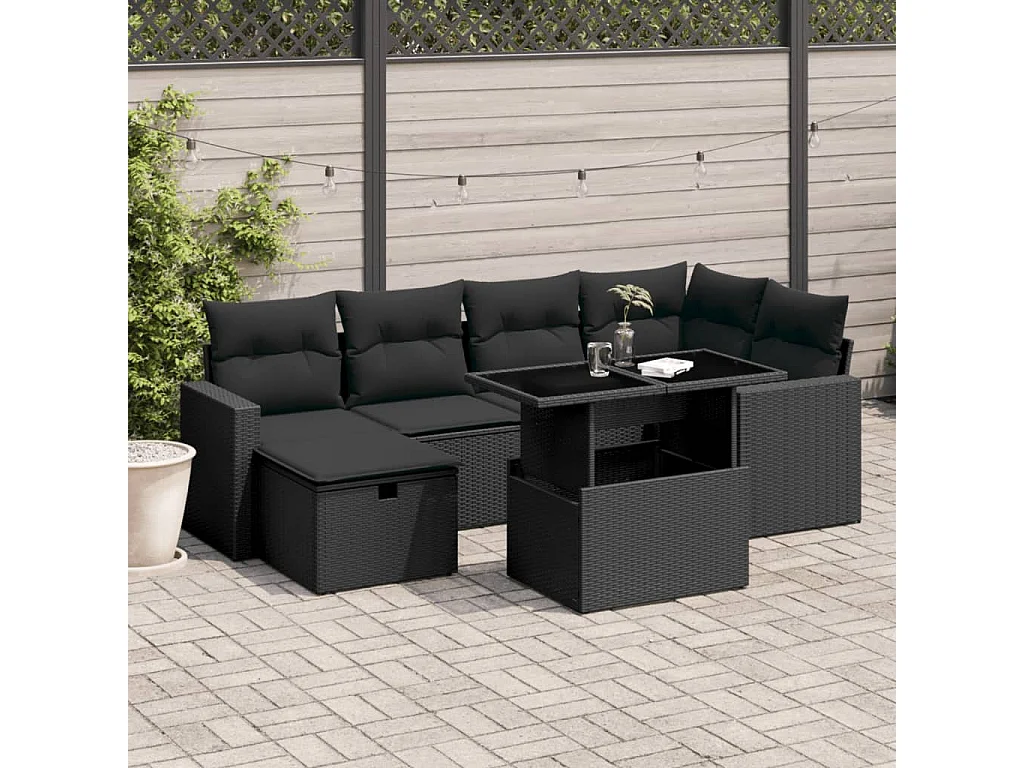 7-delige Loungeset met kussens poly rattan zwart