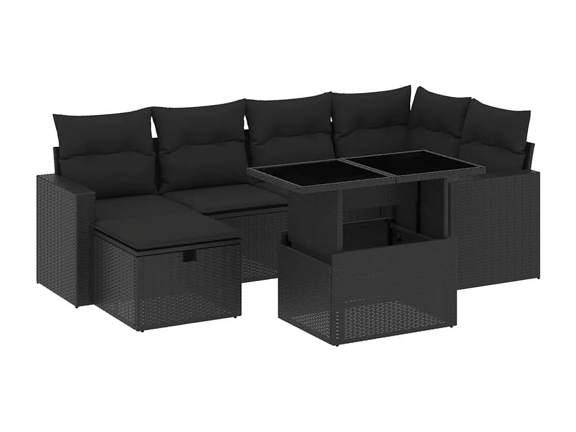 7-delige Loungeset met kussens poly rattan zwart