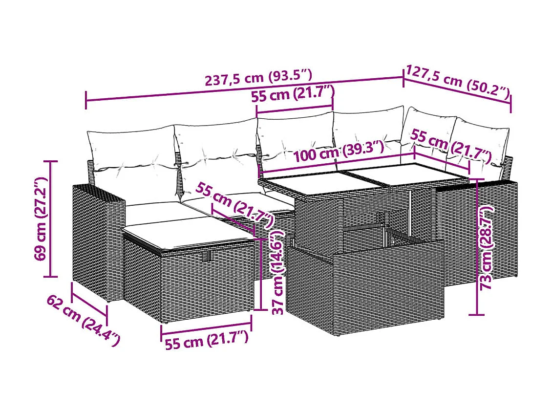 7-delige Loungeset met kussens poly rattan zwart