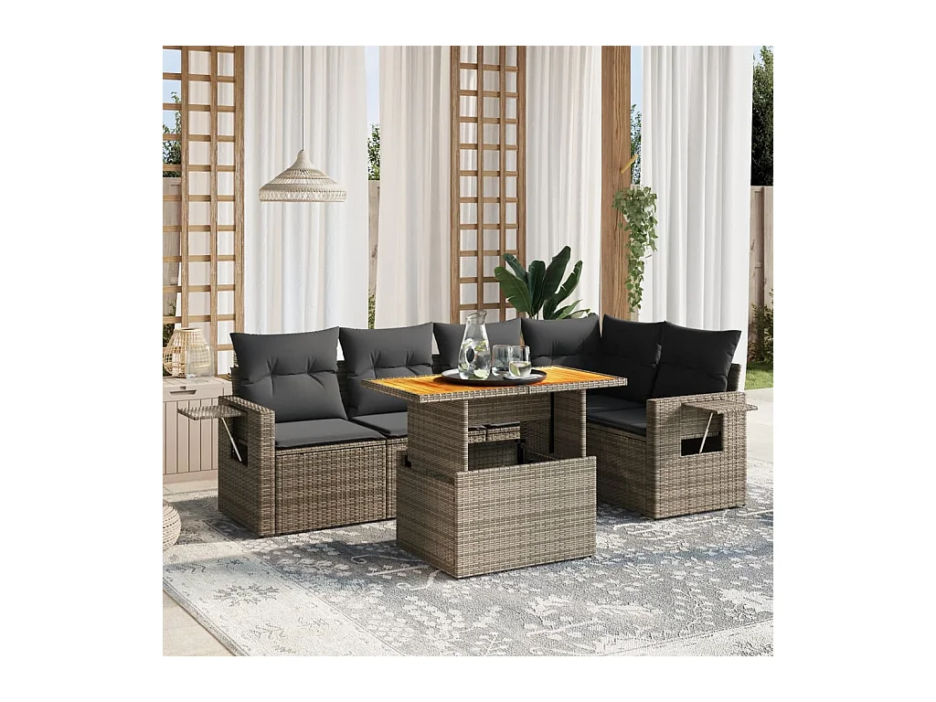 Salon de jardin 6 pcs avec coussins gris résine tressée
