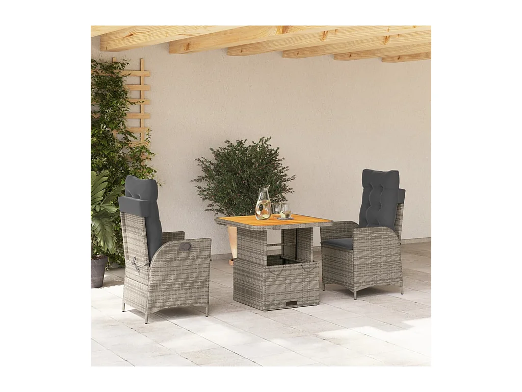 Set da Pranzo da Giardino 3 pz con Cuscini in Polyrattan Grigio