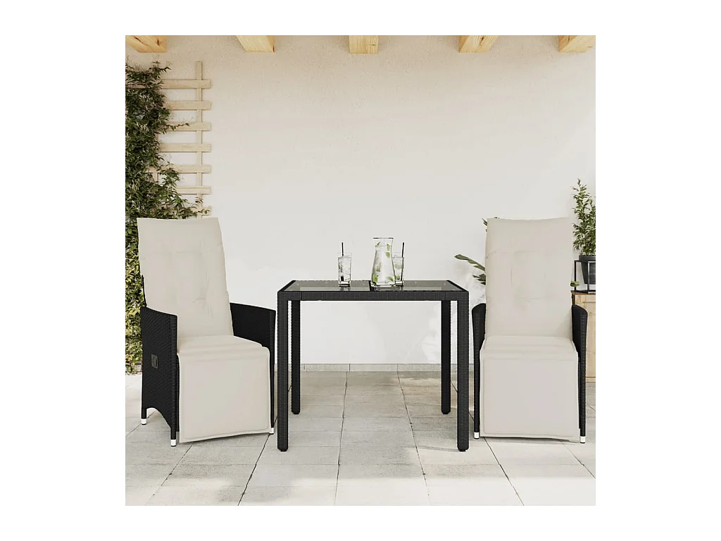 Ensemble de bistro 3 pcs avec coussins noir résine tressée